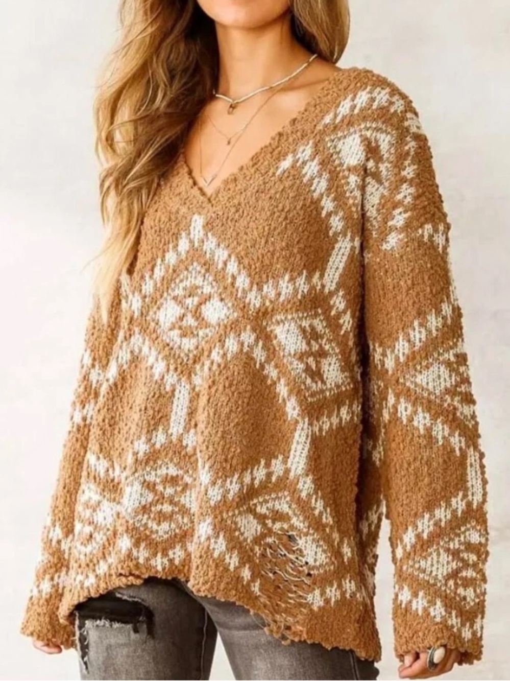 Hyfve Destructed Popcorn Brown Cream Distressed Aztec Knit Sweater. Size Small.